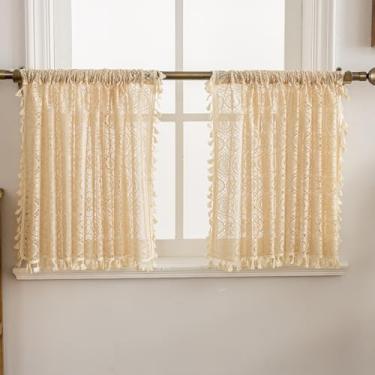 Imagem de YJ YANJUN Boho Cafe Cortinas 61 cm Comprimento 2 Painéis, Cada 150 cm L x 61 cm C, Cortinas Bege Crochê para Janela de Cozinha Sobre a Pia Casa de Fazenda Mini Painéis de Cortina para Lavanderia Porão
