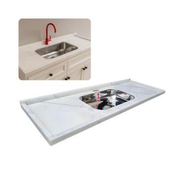 Imagem de Pia Cozinha Mármore Branco 120cm Cuba Inox Acabamento Duplo - Rainha d