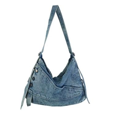 Imagem de Nefokfdus Bolsas de ombro jeans femininas retrô Jean Hobo com alça ajustável bolsas grandes, Azul, 37 x 27 x 8 cm, Retrô