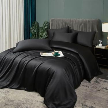 Imagem de YASMENG Conjunto completo de capa de edredom refrescante preta, 100% viscose derivada do bambu, conjunto de cama de rayon macio respirável de verão para pessoas que dormem quentes, capa de edredom