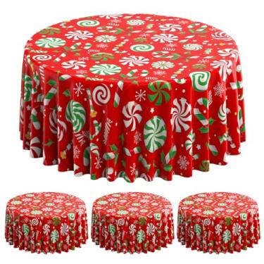 Imagem de 3 peças de decoração de toalha de mesa de festa de Natal, enfeite de plástico vermelho verde para mesa de bengala doce, toalha de mesa redonda de hortelã-pimenta redemoinho para artigos de festa de
