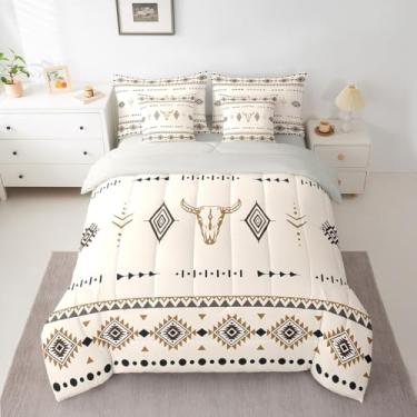 Imagem de Erosebridal Jogo de cama queen de caubói ocidental com estampa de caveira de touro com lençol para quarto, chifres étnicos astecas boêmios, conjunto de cama com 7 peças, conjunto de edredom de nativo