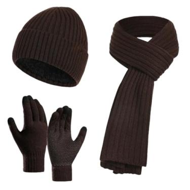 Imagem de Gorro masculino de malha quente de inverno para homens, luvas de tela sensível ao toque, para mulheres, cachecol térmico, cobertura de pescoço inteiro café