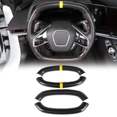 Imagem de Acabamento da capa do volante compatível com Chevrolet Corvette C8 2020-2023 100% fibra de carbono real, 4 peças, capa redonda para volante, acessórios de proteção interna (preto carbono-amarelo)