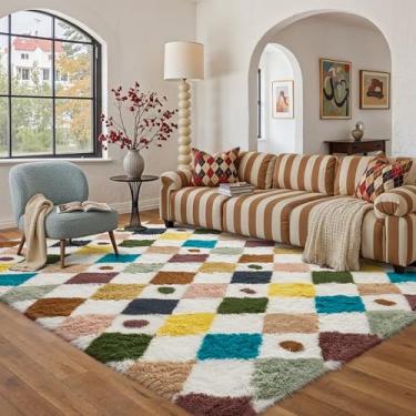 Imagem de PureCozy Tapete quadriculado 15 x 23 cm felpudo fofo sala de estar arco-íris tapete moderno lavável macio felpudo antiderrapante tapetes felpudos para quarto, dormitório, escritório, casa, decoração