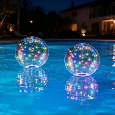 Imagem de Luzes flutuantes de piscina alimentadas por energia solar – Bolas de piscina flutuantes infláveis à prova d'água de 35,5 cm que flutuam com LEDs RGB para festas, decorações de lago ao ar livre/pátio