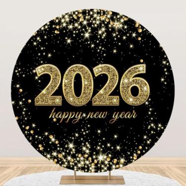 Imagem de DORCEV 2,2 x 2,2 m 2026 Feliz Ano Novo Capa de fundo redondo preto dourado bokeh lantejoulas brilhantes Ano Novo fundo de fotografia véspera de ano novo suprimentos de festa inverno Natal Ano Novo