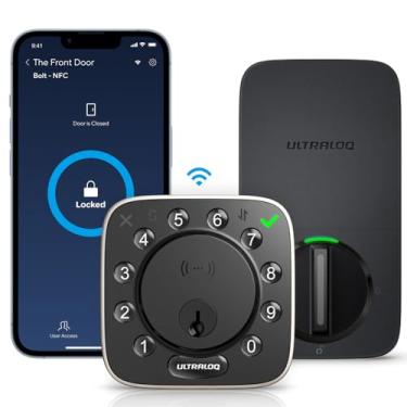 Imagem de ULTRALOQ Fechadura inteligente Bolt NFC WiFi com sensor de porta, fechadura WiFi embutida, fechadura de porta de entrada sem teclado, controle remoto de aplicativo, desbloqueio automático, IP65 à