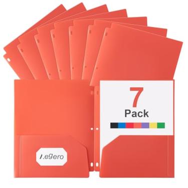 Imagem de Aegero Pastas perfuradoras de plástico de 3 furos com bolsos (pacote com 7, laranja), serve para fichário de 3 anéis, pasta divisória para notebook, poliéster durável, comporta papel tamanho carta