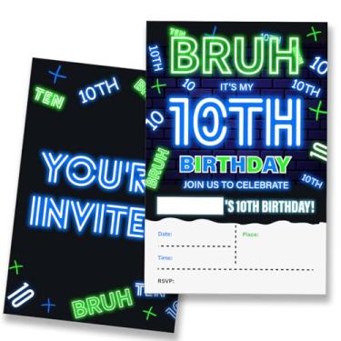 Imagem de VIYZZX Convites de festa de 10 anos Bruh 10º aniversário para meninos, adolescentes, adolescentes, 10 anos, convites de festa com envelopes, conjunto de 20, dupla face