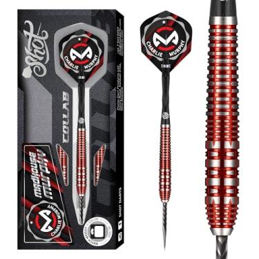 Imagem de Shot! Conjunto de dardos de ponta de aço Charlie Murphy Série Pro 90% de tungstênio feito à mão conjunto de dardos profissional e voos feitos na Nova Zelândia, ponta de metal para alvo de cerdas