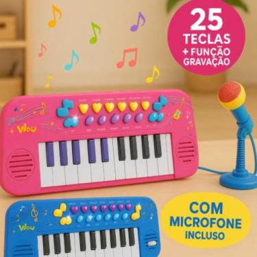 Imagem de Teclado Musical Infantil Eletrônico Rosa Azul 25 Teclas Microfone Grav