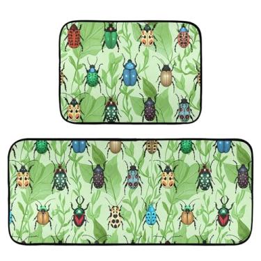 Imagem de Burbuja Conjunto de 2 tapetes e tapetes de cozinha com folhas de besouros, absorvente, lavável, antiderrapante, confortável, para cozinha, banheiro, sala de estar, lavatório, lavanderia