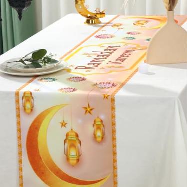 Imagem de Caminho de mesa Eid Mubarak, decorações douradas Ramadan Kareem com padrão de lua e lanterna de dupla face, corredores de mesa de jantar de cozinha para decoração de feliz feriado islâmico e