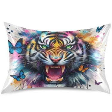 Imagem de Capas de almofada de cetim floral borboleta borboleta tigre estampa animal capas de travesseiro padrão Queen King almofadas macias para cama, tamanho Queen, 76 cm x 50 cm