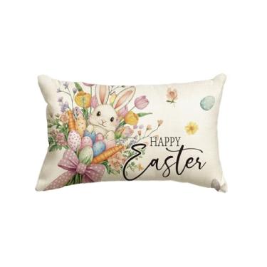 Imagem de AVOIN colorlife Capa de almofada Happy Easter Eggs Bunny Flowers Bouquet Throw Cover, 30 x 50 centímetros cenouras com laço de bolinhas decoração para sofá sofá