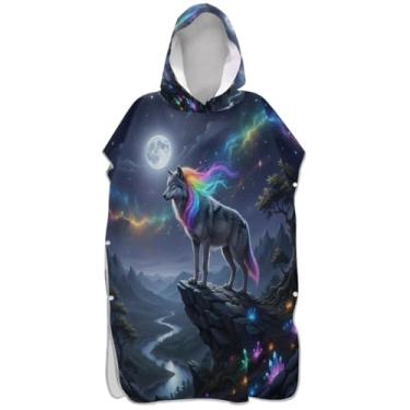 Imagem de Joisal Poncho de surfe para adultos trocador com capuz toalha de natação plus size ponchos femininos com capuz, arte neon de lobo legal