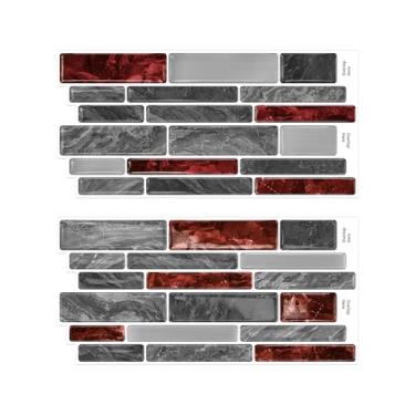 Imagem de Alwayspon Adesivo autoadesivo de azulejo de parede 3D para metrô de mármore, adesivo de parede 3D, adesivo à prova d'água Backsplash para parede de cozinha, banheiro, vermelho, cinza, preto