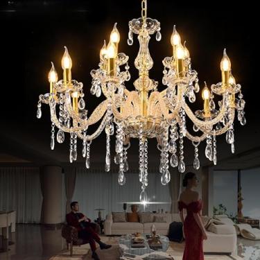Imagem de YYSHCHEN Lustre de cristal dourado de 15 luzes, lustre de vidro moderno de 78 cm para sala de estar, sala de jantar, quarto, corredor.
