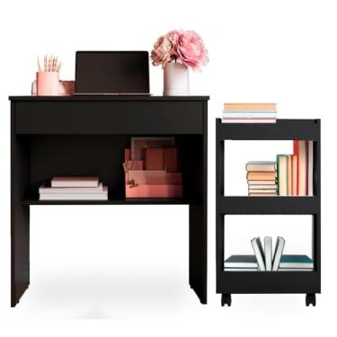 Imagem de Escrivaninha para Quarto，Mesa para Estudo com Gaveta + Carrinho de Livros - Perfeito para Quartos e Escritórios(Preto)