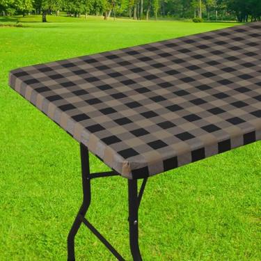 Imagem de Smiry Toalha de mesa retangular de piquenique, toalhas de mesa elásticas à prova d'água, capas de mesa xadrez de búfalo com forro de flanela para jantar, acampamento, ao ar livre (preto e cáqui, 76 cm