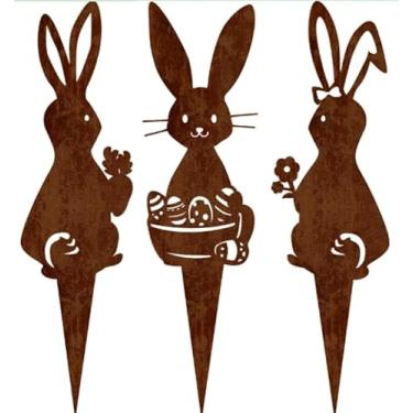 Imagem de kaiwern Estaca de jardim de coelhinho de metal da páscoa ao ar livre, pacote com 3, coelho enferrujado, realista, estátuas de jardim, estacas, decoração de jardim, enfeite de arte de jardim, placa de