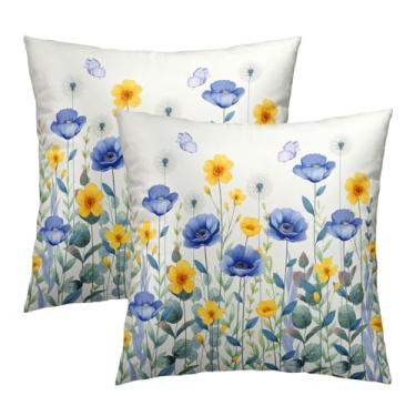 Imagem de Sweetshow Capas de almofada primavera azul amarelo flores 45,7 x 45,7 cm conjunto de 2 fronhas de almofada floral papoula algodão macio quadrado sazonal capas de almofada para sala de estar, sofá
