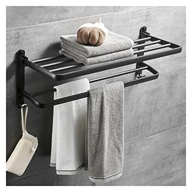 Imagem de Toalheiro de banheiro 60 cm dobrável suporte de toalha duplo montado na parede acessórios de banheiro sem perfuração com duas barras de toalha