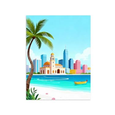 Imagem de Pôster paisagem - Edifícios Beach Sea City - Impressões em Tela - Imagem Moderna Natureza para Sala de Estar Decoração 40x50cm Sem Moldura