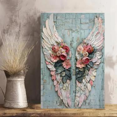 Imagem de Arte de parede em tela rústica vintage com asas de anjo floral - Pôster sem moldura de 20 x 30 cm - Decoração de casa e escritório para sala de estar, quarto, cozinha e café