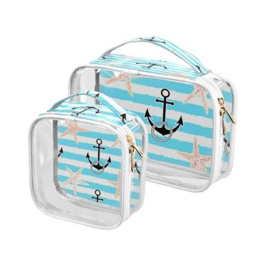 Imagem de xigua Bolsa de maquiagem feminina listrada e estrela-do-mar, bolsa de cosméticos transparente, bolsa de higiene portátil à prova d'água para viagens, férias, organização de banheiro
