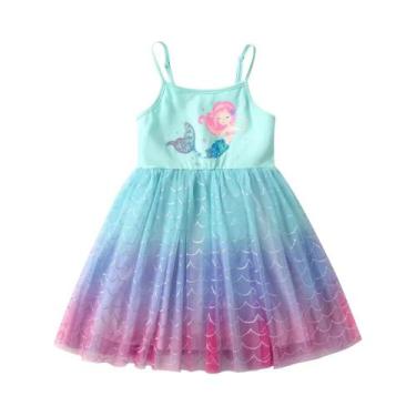 Imagem de Vestido De Alças Com Estampa De Sereia Azul Para Meninas, Fantasia Cas