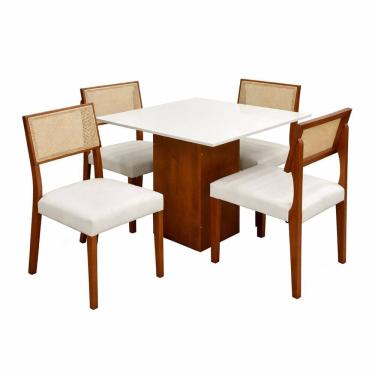 Imagem de Mesa de Jantar Dakota 90x90cm Sem Vidro e 4 Cadeiras Grecia em Linho Madeira Cel Móveis Cor Cinamomo Off White com Tecido Bege