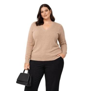 Imagem de Suéter Tricô Gola V Feminino City Lady by Facinelli Plus Size 658110 Caqui-Feminino