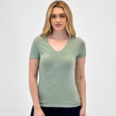 Imagem de Blusa Hering Básica Gola V Manga Curta Feminina, XG, Eucalipto