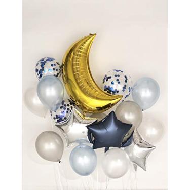 Imagem de Sweet Moon Buquê de balões de lua e estrela de 16 peças - chá de bebê, aniversário, revelação de gênero, decoração de festa do Eid e Ramadã (azul)