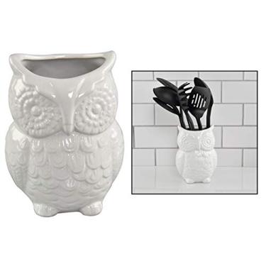 Imagem de Suporte de utensílios de cozinha de cerâmica com design de coruja grande Home-X, decoração de cozinha para acessórios de cozinha, suporte de utensílio de cerâmica multiuso, branco-17,78 cm A x 10,16 cm P