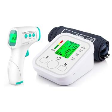 Imagem de Aparelho Medidor Pressão Pulso Digital Braço Com Voz em Português + Fonte Bivolt + Termômetro Infravermelho Testa Febre
