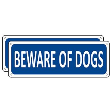 Imagem de Beware of Dog Signs for Fence, (embalagem com 2) placas de metal para cães, placa de aviso de alumínio de 25,4 x 8,9 cm, placa de aviso para cães ao ar livre, placa de guarda livre de ferrugem (azul)