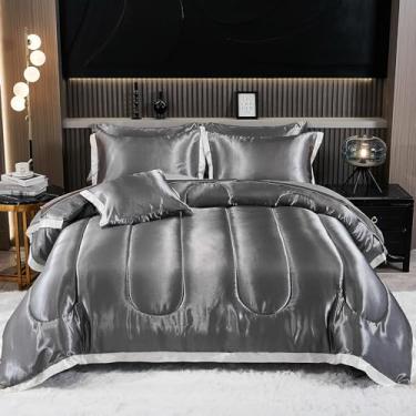 Imagem de Jogo de cama queen cinza, conjunto de lençol de seda com 8 peças, design de babados brancos, decoração de casa, cama de cetim tipo seda em uma bolsa com 1 capa de almofada (Queen, cinza)