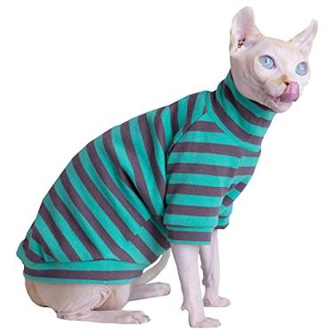 Imagem de Sphynx Camiseta listrada sem pelos para gatos para primavera verão camiseta vintage respirável de algodão camisetas macias para gatos sem pelos apenas (vintage preto verde, M (2 a 2,5 kg))