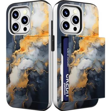 Imagem de IWONE Capa compatível com iPhone 15 Promax fofa com porta-cartões Slim Slot Phone 15 Pro Max/cinza amarelo mármore pedra natural redemoinhos pintura