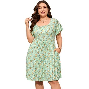 Imagem de Vestido plus size feminino plus size floral decote V manga curta comprimento até o joelho mini vestidos evasê, Flor verde amarela, 3G