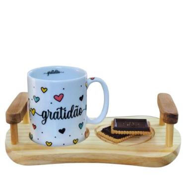 Imagem de Kit Caneca 300ml + Bandeja Madeira Pinus Gratidão - Antilope Decor Por