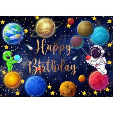 Imagem de DePhoto Pano de fundo de aniversário no espaço sideral de 1,7 x 1,8 m para crianças, astronauta, foguete alienígena, decoração de aniversário, menino, sistema solar, galáxia, espaço, dia do