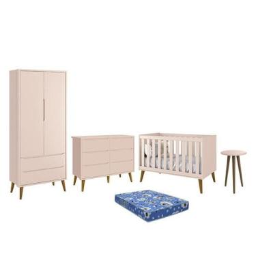 Imagem de Dormitório Theo 2 Portas, Cômoda 6 Gavetas, Berço, Mesa de Canto Rosa 