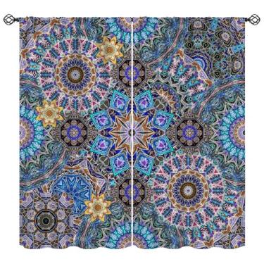 Imagem de Cortinas Bohemia, linda azul hippie popular Mandela vintage floral estampada tratamentos de janela, cortinas retrô com isolamento térmico para quarto e sala de estar, 106 cm L x 114 cm C