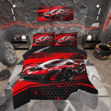 Imagem de Feelyou Conjunto de edredom infantil de carro esportivo vermelho, tamanho casal para decoração de quarto de meninos e meninas, edredom temático de esportes radicais, jogo de cama de carro de luxo Cool