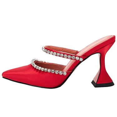 Imagem de VETASTE Sapatos femininos de salto fino com tiras e salto de cetim cristal mules para festa de casamento, Vermelho, 11