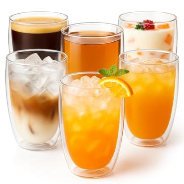 Imagem de Kit Copo Parede Dupla Camada 450ml Vidro Duplo Borossilicato Transparente Grande Suco Refrigerante Chopp Cerveja Café Chá Isolante Térmico (1,2,3,4,5 ou 6un) (06)
